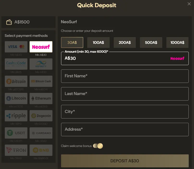 LuckyOnes Payments Methods